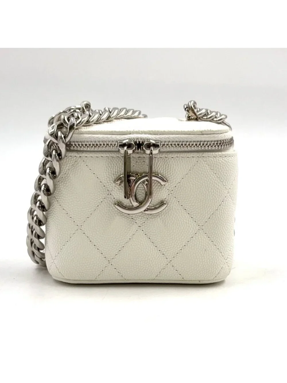 Chanel Classic Small Vanity Caviar Leather White Chain Shoulder Bag Silver